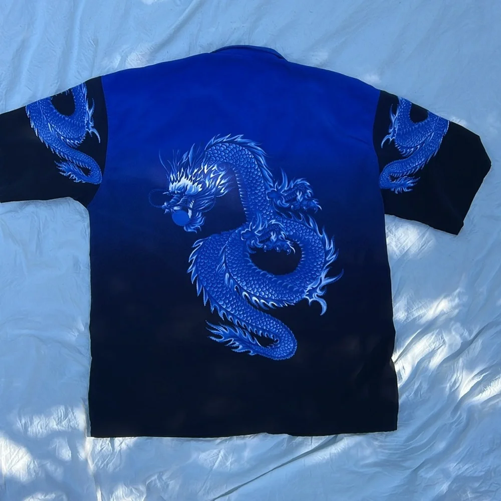Vintage 90s Blue Dragon Print Collared Button Up Shirt - Picture 5 of 5